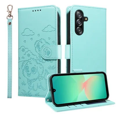 For Samsung Galaxy A18 5G / A18 4G / A17 5G / A17 4G / A26 5G / A16 5G / A16 4G Case RFID Blocking Imprint Dog Pattern PU Leather Phone Cover with Wrist Strap - Green