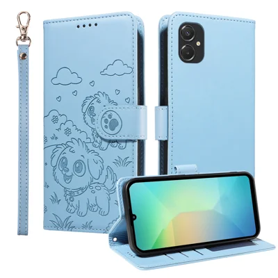 For Samsung Galaxy A08 5G / A08 4G /  A07 4G / M06 5G / F06 5G / A06 4G / A06 5G Case RFID Blocking Imprint Dog Pattern PU Leather Phone Cover with Wrist Strap - Blue
