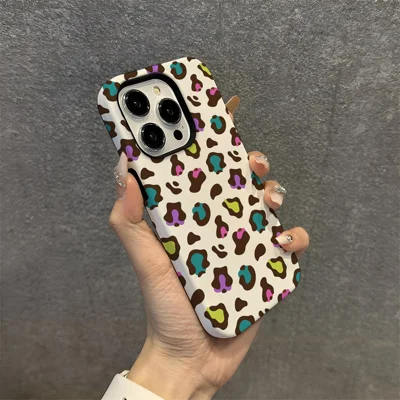 For iPhone 16 Pro Max Case Pattern Design TPU PC Heat Transfer Glossy Phone Cover - Colored Leopard