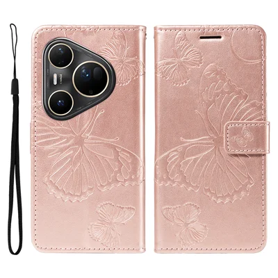 For Huawei Pura 80 Ultra Wallet Case Floral Butterfly Imprint Leather Phone Cover Stand -  Rose Gold