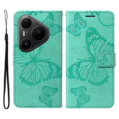 Voor Huawei Pura 80 Pro / 80 Pro+ Portemonnee Hoeksje met Bloemen Vlinder Afdruk Lederen Telefoonhoesje met Stand - Groen