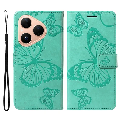 For Huawei Pura 80 Wallet Case Floral Butterfly Imprint Leather Phone Cover Stand -  Green
