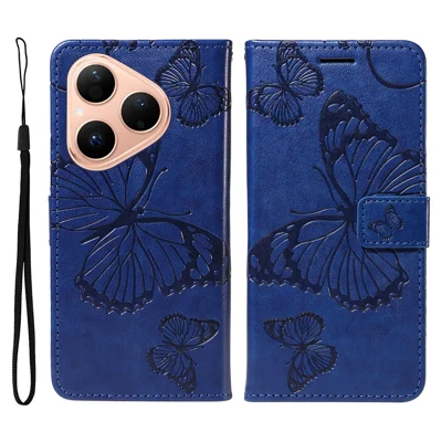 Etui portfelikowe do Huawei Pura 80, niebieskie etui ze sztucznej skóry z motywem motyla i funkcją podpórki