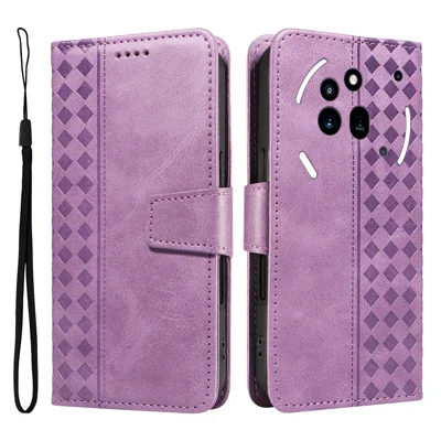 For Nothing Phone (3a) Pro Leather Case Wallet Stand Grids Imprint Phone Cover with Strap - Light Purple