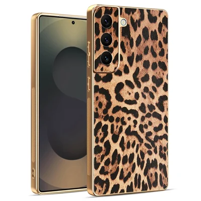 For Samsung Galaxy S22 5G Case Leopard Print PU Leather Coated PC + TPU Electroplating Phone Cover