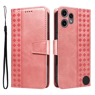 For Nothing CMF Phone 2 Pro Leather Case Wallet Stand Grids Imprinted Phone Cover with Strap - Rose Gold