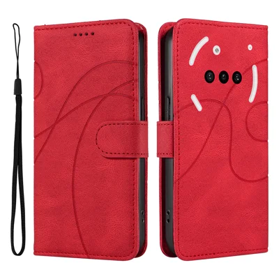 For Nothing Phone (3a) Wallet Case Leather Phone Cover Stand with Curved Line Design - Red