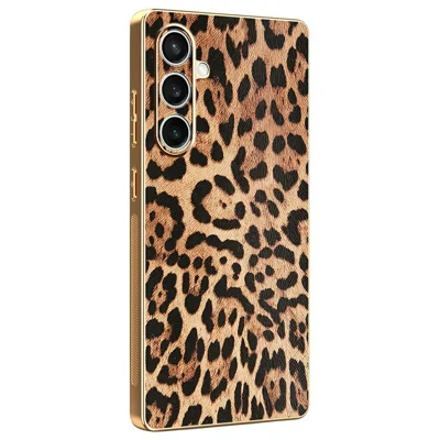 For Samsung Galaxy S24 FE Case Leopard Print PU Leather Coated PC + TPU Electroplating Phone Cover