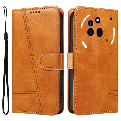 For Nothing Phone (3a) Pro Wallet Case T-Shape Lines Leather Phone Cover Stand - Brown
