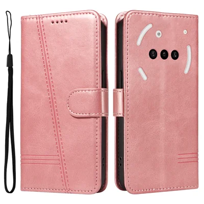 For Nothing Phone (3a) Wallet Case T-Shape Lines Leather Phone Cover Stand - Rose Gold