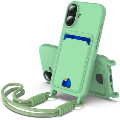 For iPhone 16 Plus Liquid Silicone Case  Phone Back Cover with Card Holder and Short Strap - Green