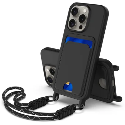 For iPhone 12 Pro Max 6.7 inch Liquid Silicone Case  Phone Back Cover with Card Holder and Short Strap - Black