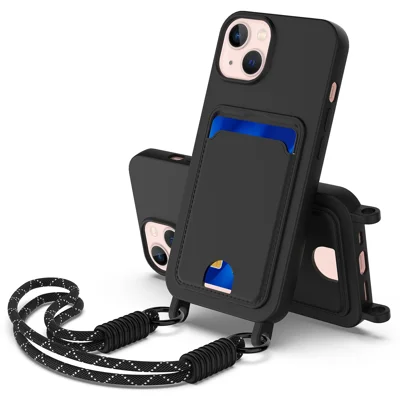 For iPhone 14 Plus / iPhone 15 Plus Liquid Silicone Case  Phone Back Cover with Card Holder and Short Strap - Black