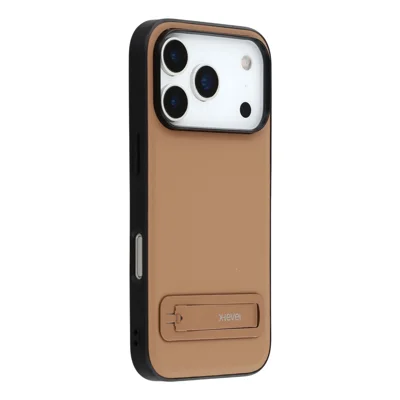 X-LEVEL For iPhone 17 Pro Case Leather Coated PC TPU Phone Back Cover with Metal Kickstand - Brown