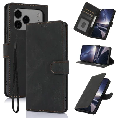 For iPhone 17 Pro Case PU Leather Telefoonhoesje met Portemonnee en Stand - Zwart