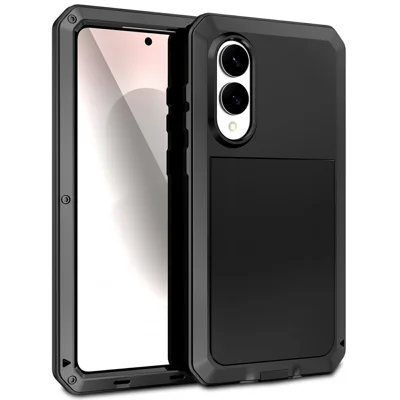For Samsung Galaxy S25 Edge Case Silicone + Metal Phone Cover with Tempered Glass Screen Protector - Black