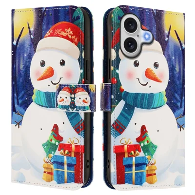 For iPhone 17 Wallet Case Christmas Pattern Printing Leather Phone Cover with Lanyard - Gift Box Snowman