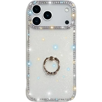 For iPhone 18 Pro Max / 17 Pro Max Case with Ring Kickstand Rhinestone Edge TPU + PC IMD Phone Cover - Glitter White