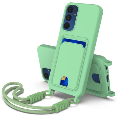 For Samsung Galaxy M14 4G / Galaxy A05s 4G Liquid Silicone Case  Phone Back Cover with Card Holder and Short Strap - Green
