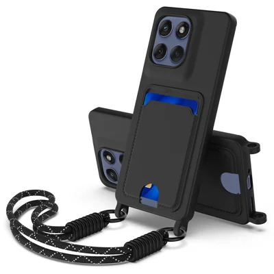 For Motorola Moto G Stylus 5G (2025) / Motorola Edge 60 Stylus 5G Liquid Silicone Case  Phone Back Cover with Card Holder and Short Strap - Black