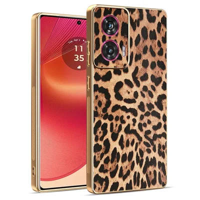 For Motorola Edge 50 Fusion 5G Case Leopard Print PU Leather Coated PC + TPU Electroplating Phone Cover