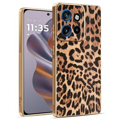 Phone Case For Motorola Edge 60 Neo 5G / Edge 50 Neo 5G / Moto S50 5G / ThinkPhone 25 5G Leopard Print PU Leather Coated PC + TPU Electroplating Cover