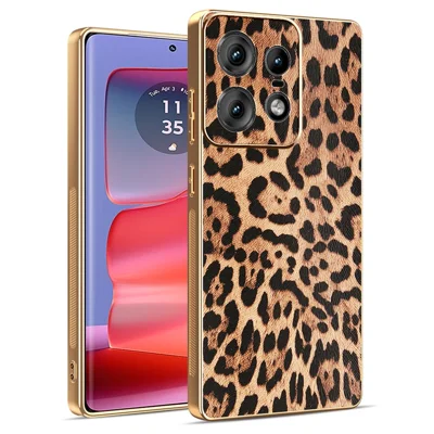 For Motorola Edge 50 Pro 5G Case Leopard Print PU Leather Coated PC + TPU Electroplating Phone Cover