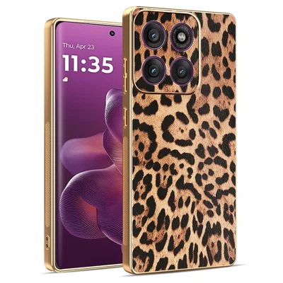 For Motorola Edge 60 Pro 5G Case Leopard Print PU Leather Coated PC + TPU Electroplating Phone Cover