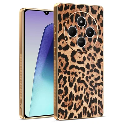 Phone Case For Xiaomi Redmi 14C 4G / 14R 5G / A4 5G / Poco C75 4G Leopard Print PU Leather Coated PC + TPU Electroplating Cover