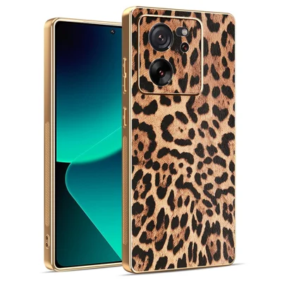 Phone Case For Xiaomi 13T / 13T Pro / Redmi K60 Ultra Leopard Print PU Leather Coated PC + TPU Electroplating Cover