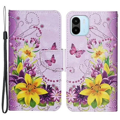 For Xiaomi Redmi A1 4G / A2 4G Cross Texture PU Leather Wallet Phone Case Pattern Printing Stand Magnetic Clasp Flip Cover with Strap - Yellow Flowers  /  Butterflies