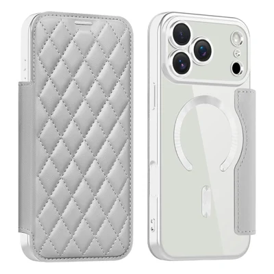 For iPhone 17 Pro Case Compatibel met MagSafe Ruitvormig PU Leer Telefoonhoesje - Titanium Grijs