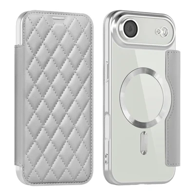 For iPhone Air Case Compatibel met MagSafe Ruitvormig PU Leren Hoesje - Titanium Grijs