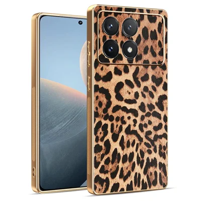 For Xiaomi Redmi K70E 5G / Poco X6 Pro 5G Case Leopard Print PU Leather Coated PC + TPU Electroplating Phone Cover