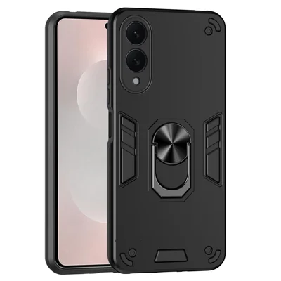 For Samsung Galaxy S25 Edge Case PC + TPU Drop Defend Phone Cover with Ring Kickstand - Black