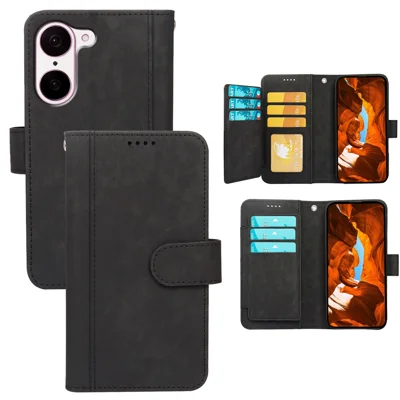 For OnePlus Nord CE5 5G / Ace 5 Racing 5G Leather Case Line Pattern Wallet Phone Cover with 9 Card Slots - Black