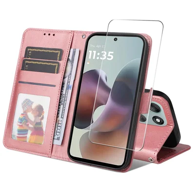 ENKAY HAT PRINCE For Motorola Moto G66j 5G / Motorola Moto G66y 5G / Motorola Moto G56 5G PU Leather Wallet Case   Phone Stand Cover with Tempered Glass - Pink
