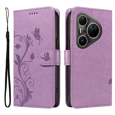 For Huawei Pura 80 Ultra PU Leather Cases Flower Pattern Wallet Stand Phone Cover with Strap -  Light Purple