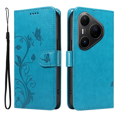 Voor Huawei Pura 80 Pro+ / Huawei Pura 80 Pro PU Leren Hoeden met Bloemenpatroon Portemonnee Stand Telefoonhoes met Strap - Blauw