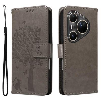 For Huawei Pura 80 Ultra Phone Case with Stand Cat Tree Pattern Leather Wallet Mobile Cover - Grey