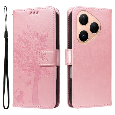 For Huawei Pura 80 Phone Case with Stand Cat Tree Pattern Leather Wallet Mobile Cover - Rose Gold