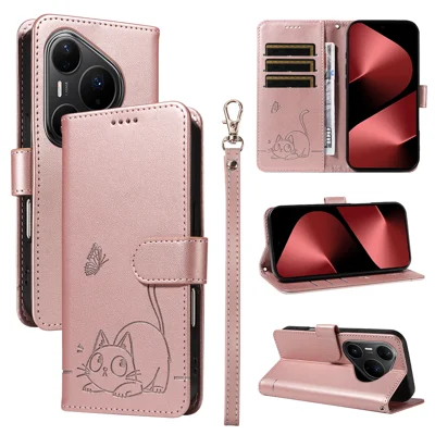 Voor Huawei Pura 80 Pro+ / Huawei Pura 80 Pro Hoesje met Motief van Gelukskat in Lederen Uitvoering met Polsbandje - Roségoud