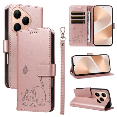For Huawei Pura 80 Case Cat Pattern Imprint Leather Phone Cover with Wrist Strap - Rose Gold