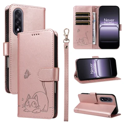 For OnePlus Nord 5 5G / OnePlus Ace 5 Ultra 5G Case Cat Pattern Imprint Leather Phone Cover with Wrist Strap - Rose Gold
