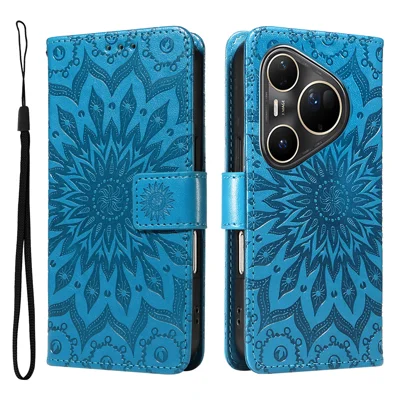 For Huawei Pura 80 Ultra Leather Wallet Case Sunflower Imprinted Phone Cover - Blue