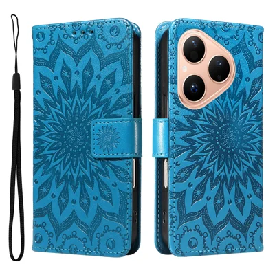 For Huawei Pura 80 Leather Wallet Case Sunflower Imprinted Phone Cover - Blue