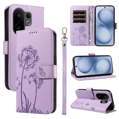 For vivo X200 FE 5G / vivo S30 Pro mini 5G Leather Wallet Case with Strap Dandelion Imprint Phone Stand Cover - Purple