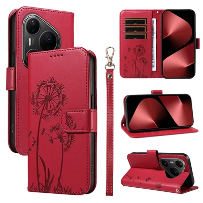 Voor Huawei Pura 80 Pro+ / Huawei Pura 80 Pro Leren Portemonnee Hoese met Bandje en Paardenbloemprint met Standfunctie - Rood