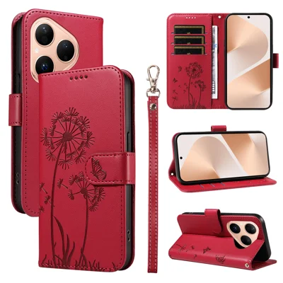 For Huawei Pura 80 Leather Wallet Case with Strap Dandelion Imprint Phone Stand Cover - Red