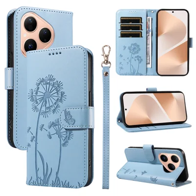 Etui portfelik z paskiem z imitacji skóry z motywem mniszka lekarskiego z funkcją uchwytu do telefonu Huawei Pura 80 – jasnoniebieski